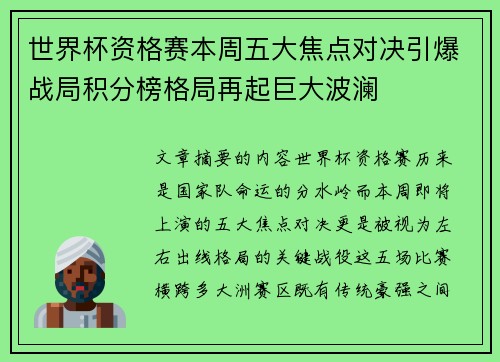 世界杯资格赛本周五大焦点对决引爆战局积分榜格局再起巨大波澜 世界杯资格赛本周五大焦点对决引爆战局积分榜格局再起巨大波澜